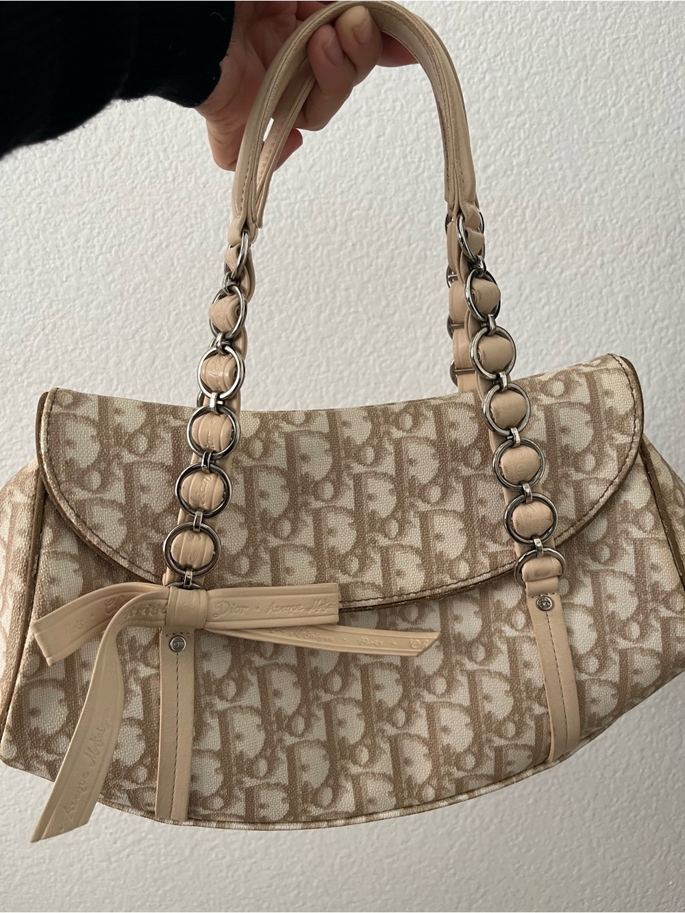 SOLD Dior Beige Monogram Canvas Shoulder Bag with Chain-Link Straps